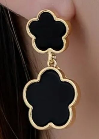 Flower 5 Petal Design Classy Metal Black Enamel Gold Plated Double Drop Dangle Earrings