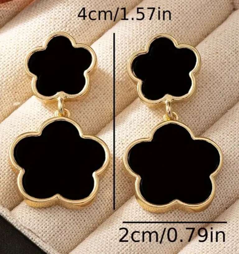 Flower 5 Petal Design Classy Metal Black Enamel Gold Plated Double Drop Dangle Earrings