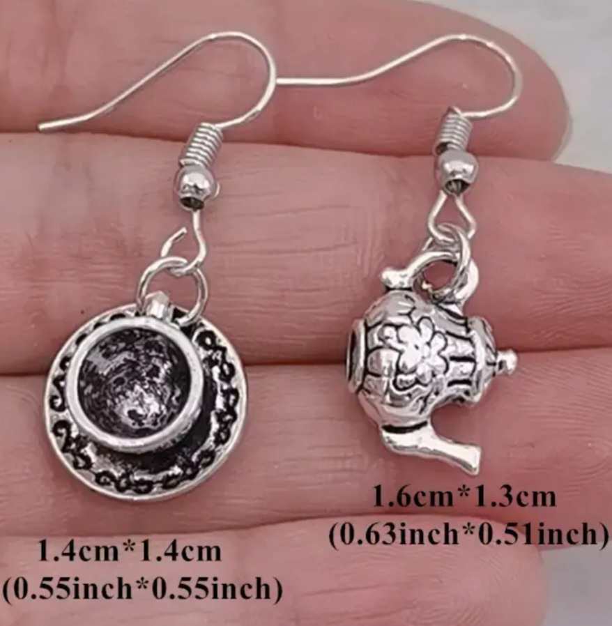Antique Look Bohemian Boho Vintage Look Small Metal Tea Cup Saucer And Tea Pot Retro Silver Tone Dangle Earrings
