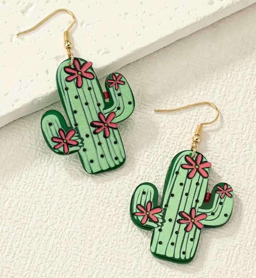 Fun Bright Cartoon Acrylic Green Cactus With Flowers Design Dangle Earrings
