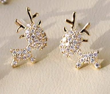 Mini Sparkling Christmas Gold Plated Rhinestone Festive Reindeer Deer Stud Earrings