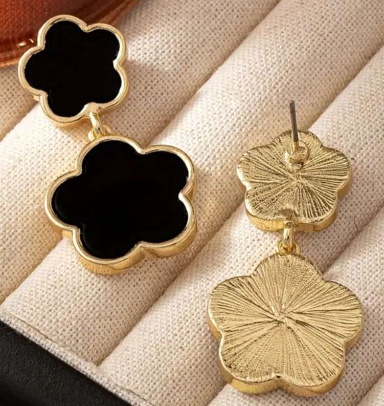 Flower 5 Petal Design Classy Metal Black Enamel Gold Plated Double Drop Dangle Earrings
