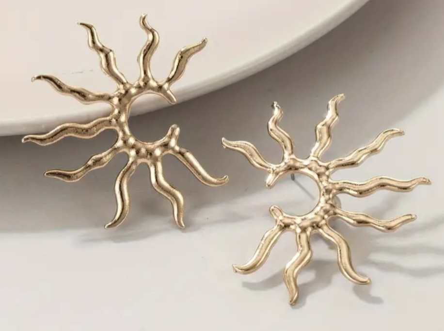Bold Funky Large Unique Sun Ray Sunburst Gold Plated Metal Large Stud Earrings