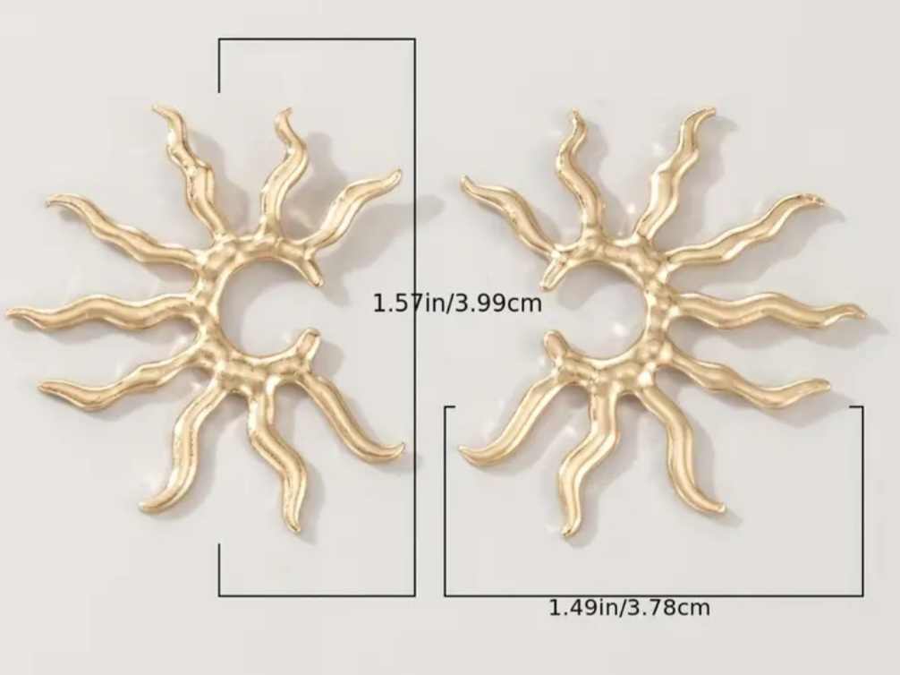 Bold Funky Large Unique Sun Ray Sunburst Gold Plated Metal Large Stud Earrings