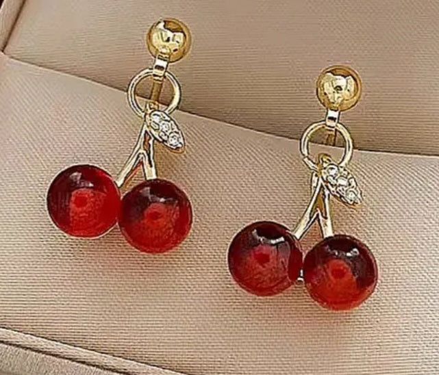 Dainty Tiny Cherry Cherries Rhinestone Enamel Gold Plated Small Dangle Earrings