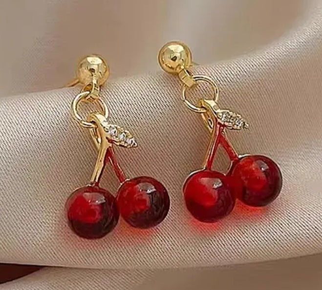 Dainty Tiny Cherry Cherries Rhinestone Enamel Gold Plated Small Dangle Earrings