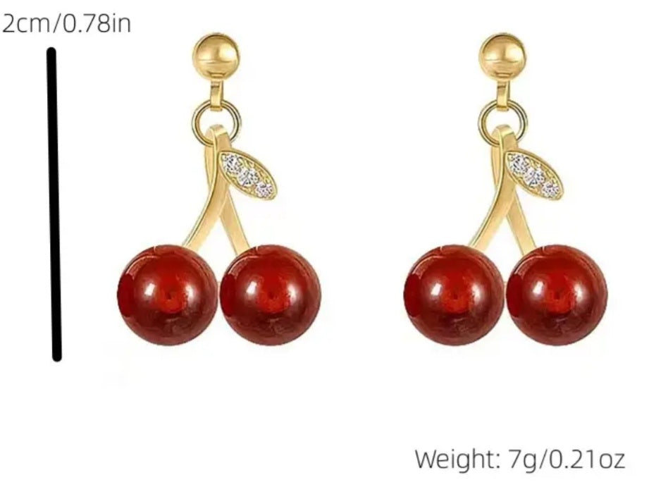 Dainty Tiny Cherry Cherries Rhinestone Enamel Gold Plated Small Dangle Earrings