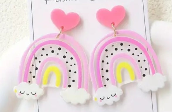 Happy Clouds Rainbow Polka Dot Acrylic Cartoon Kawaii Design Drop Dangle Earrings