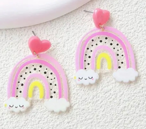 Happy Clouds Rainbow Polka Dot Acrylic Cartoon Kawaii Design Drop Dangle Earrings