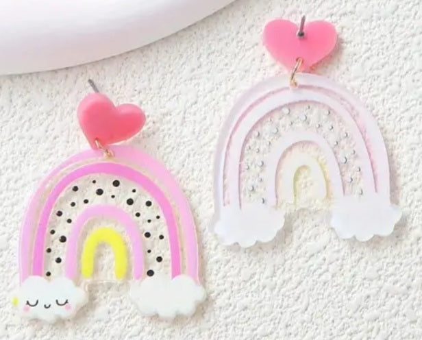 Happy Clouds Rainbow Polka Dot Acrylic Cartoon Kawaii Design Drop Dangle Earrings
