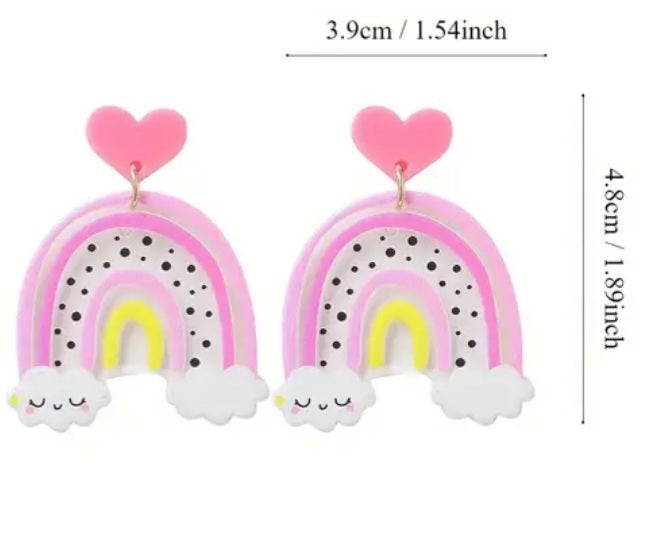 Happy Clouds Rainbow Polka Dot Acrylic Cartoon Kawaii Design Drop Dangle Earrings
