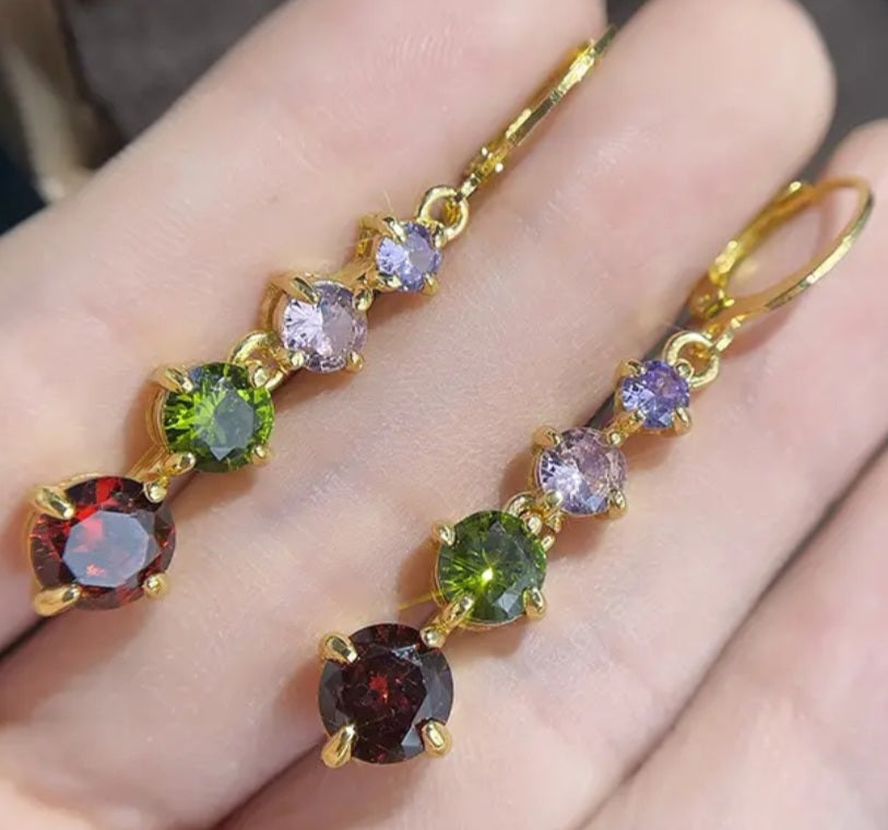 Gold Plated Multi-Coloured Synthetic Gem Drop Earrings