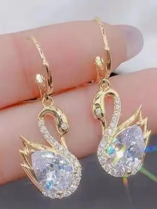 Crystal Rhinestone Sparkly Gold Plated Swan Drop Dangle Earrings