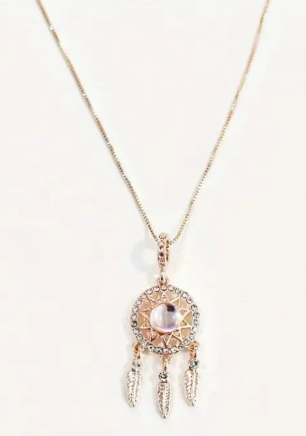Dainty Gold Plated Rhinestone Moonstone Dreamcatcher Pendant With Chain Necklace