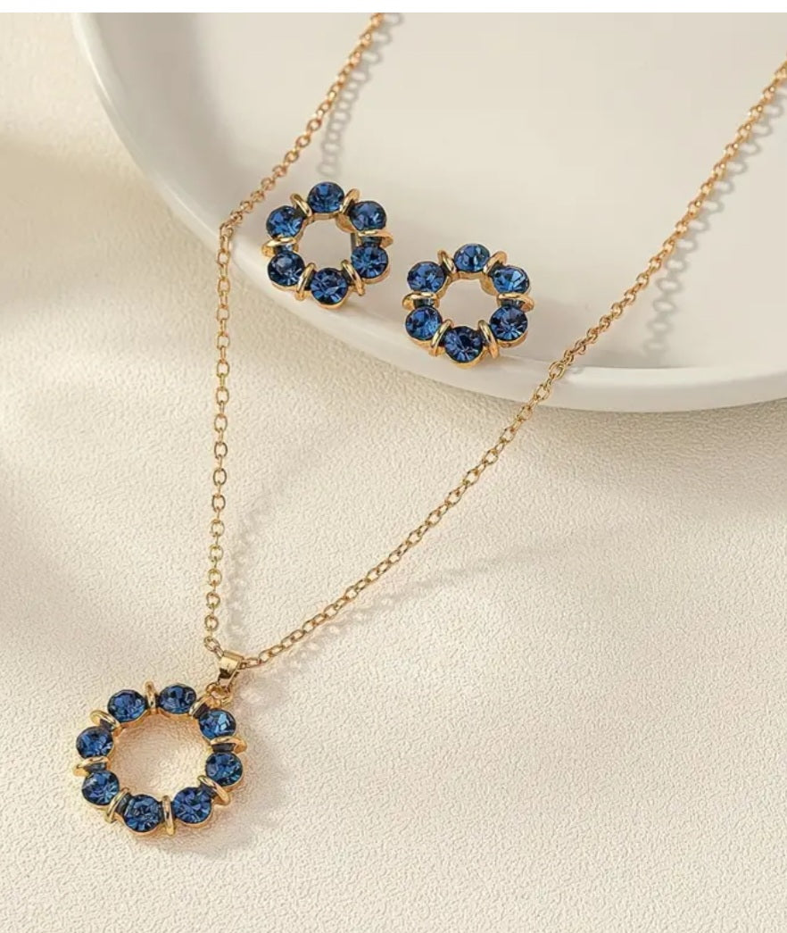 Dainty Gold Plaited Rhinestone Sky Blue Gems Necklace And Stud Earring Set