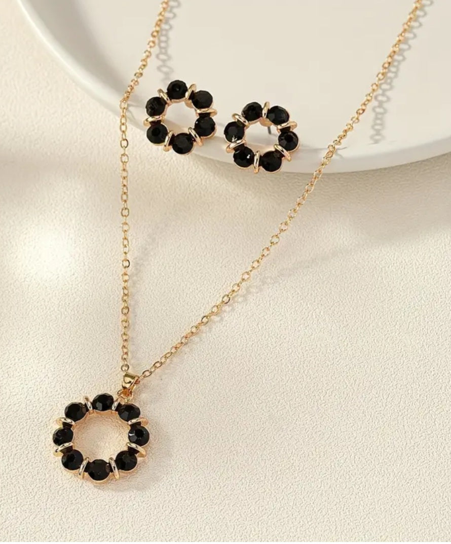 Dainty Gold Plaited Rhinestone Black Gems Necklace And Stud Earring Set