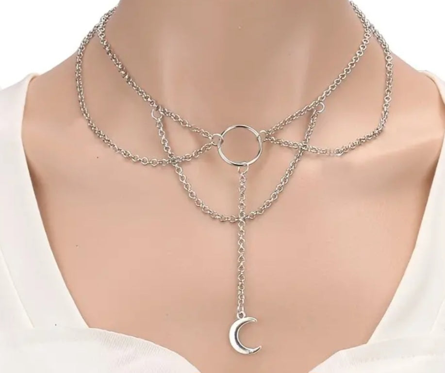 Cresent Moon Gothic Silver Plated Metal Chain Chocker Necklace