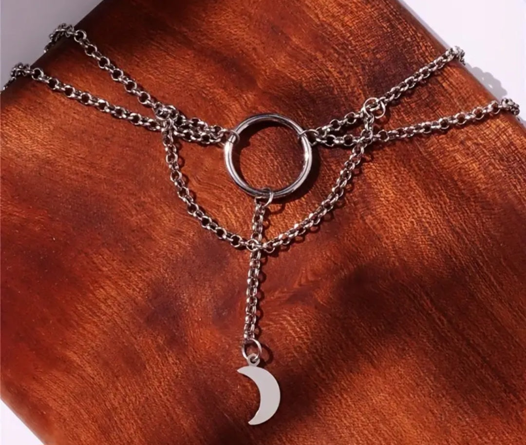 Cresent Moon Gothic Silver Plated Metal Chain Chocker Necklace