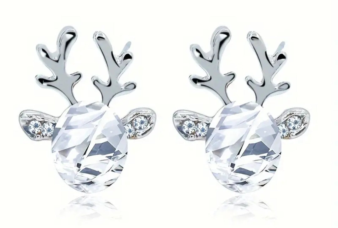 Christmas Festive Ruby Red Rhinestone Crystal Ice Clear Plated Reindeer Head Design Stud Earrings