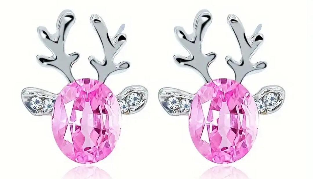 Christmas Festive Ruby Red Rhinestone Candy Pink Clear Plated Reindeer Head Design Stud Earrings