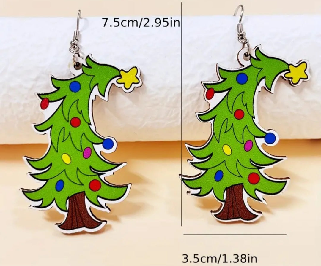 Bendy Christmas Tree Festive Design Thin Wood Dangle Earrings