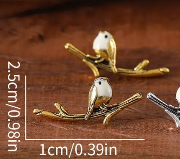 Bird Enamel Painted Gold Plated Finch On Branch Twig Stud Earrings