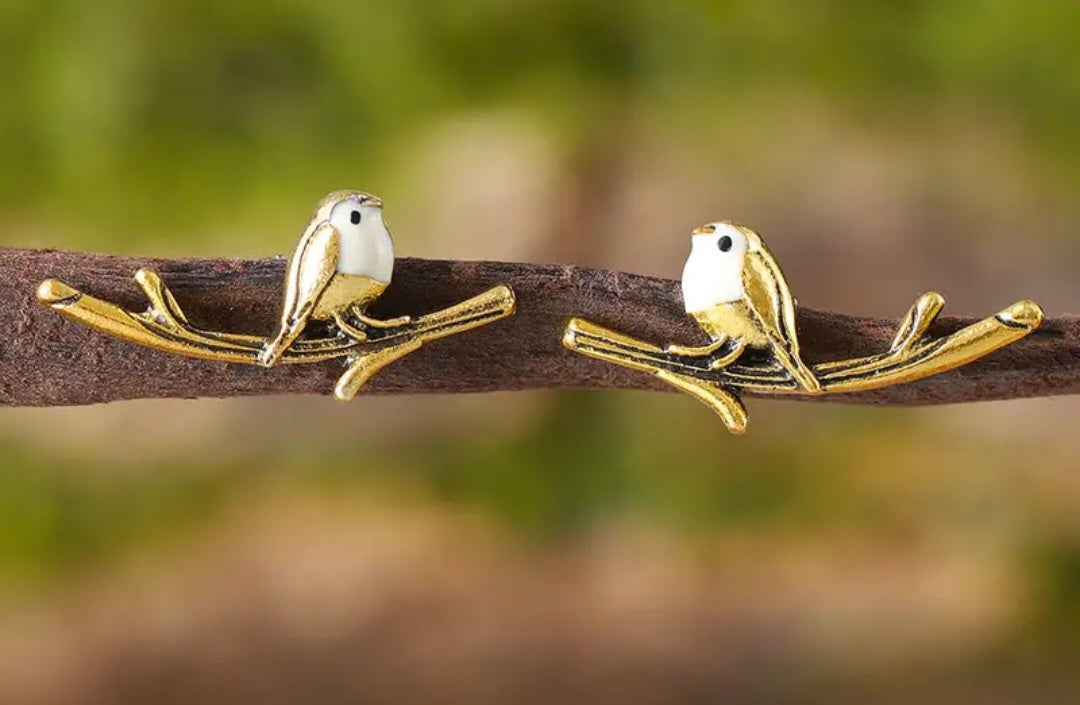 Bird Enamel Painted Gold Plated Finch On Branch Twig Stud Earrings