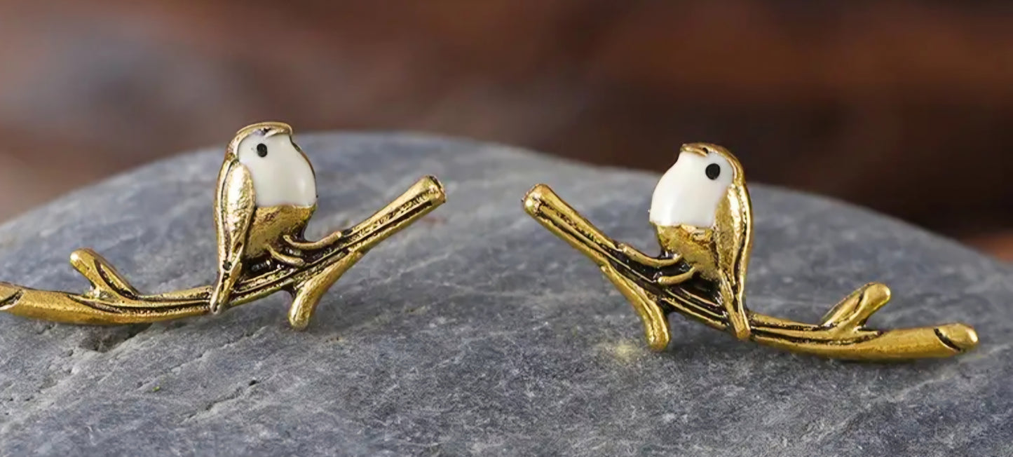 Bird Enamel Painted Gold Plated Finch On Branch Twig Stud Earrings