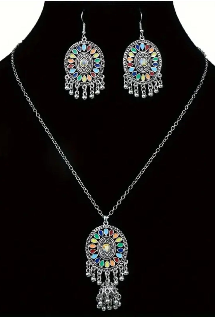 Boho Colourful Silver Plated Dream Catcher Design Necklace And Earring Set
