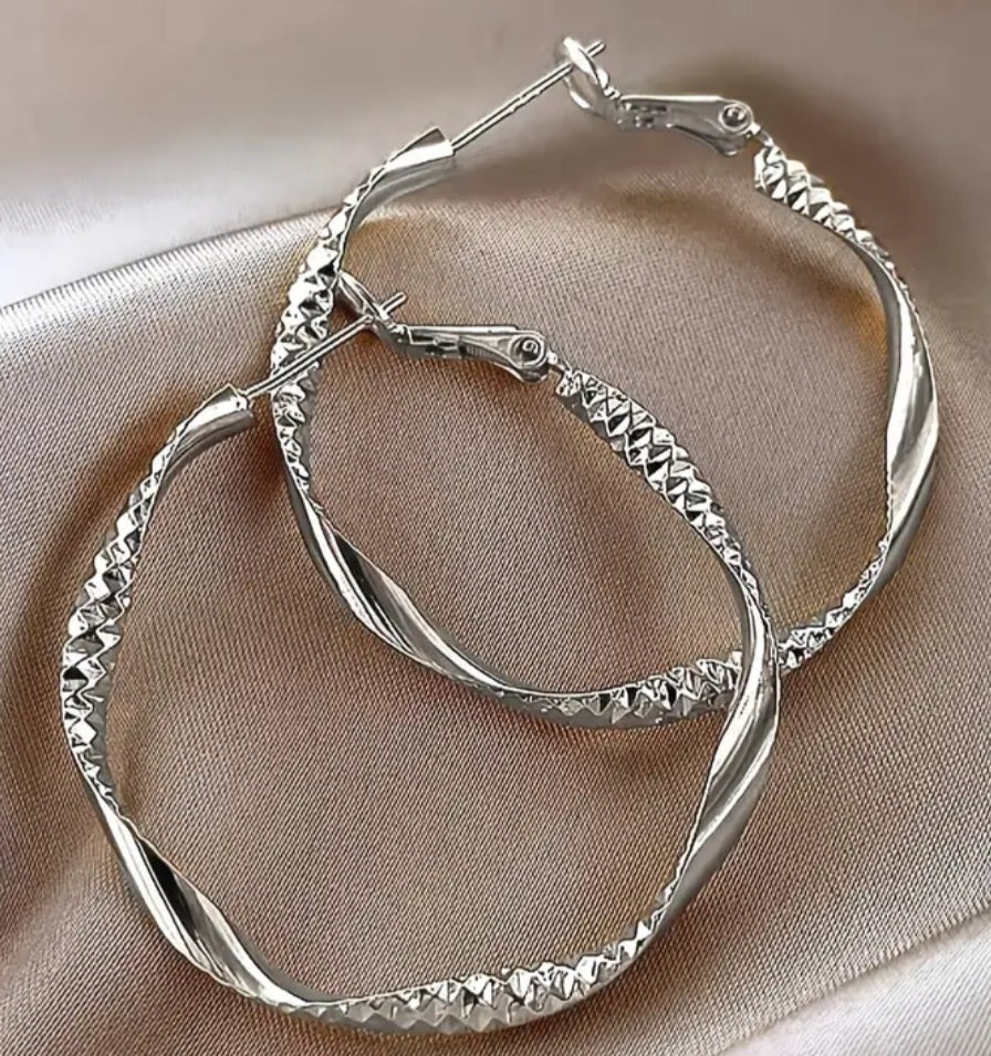 Large Hammered Metal Twist Design Silver Plated Lightweight Hoop Earrings