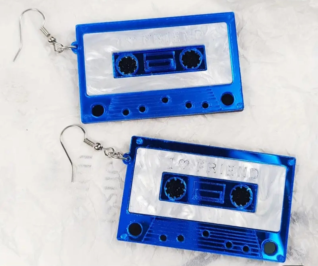 Cassette Tape Retro Metallic 80s Blue Design Acrylic With Stainless Steel Hooks Dangle Earrings