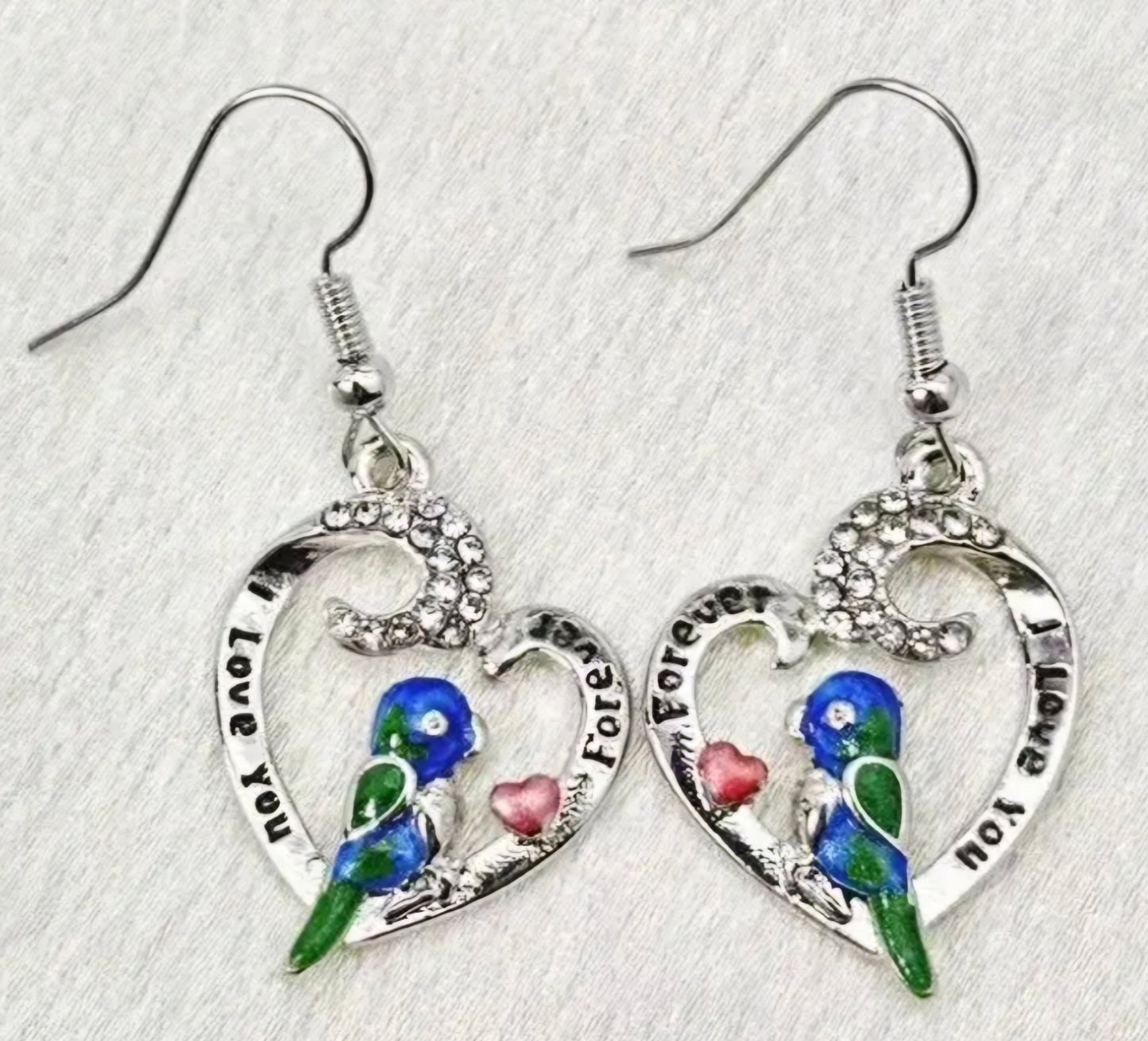 Heart And Bird I Love You Forever Rhinestone Set Silver Plated Drop Earrings