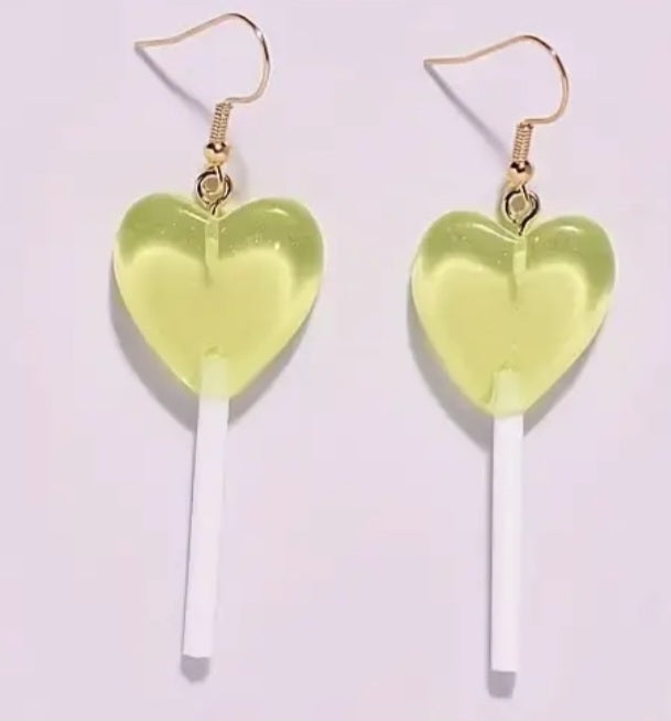 Candy Heart Shaped Green Lolly Pop Lollipop Acrylic Dangle Earrings