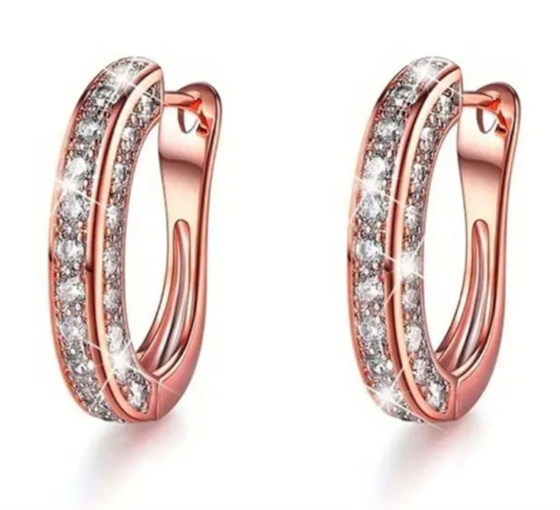 3 Sided Rhinestone Set Rose Gold Plated Small Huggie Hoop Earrings