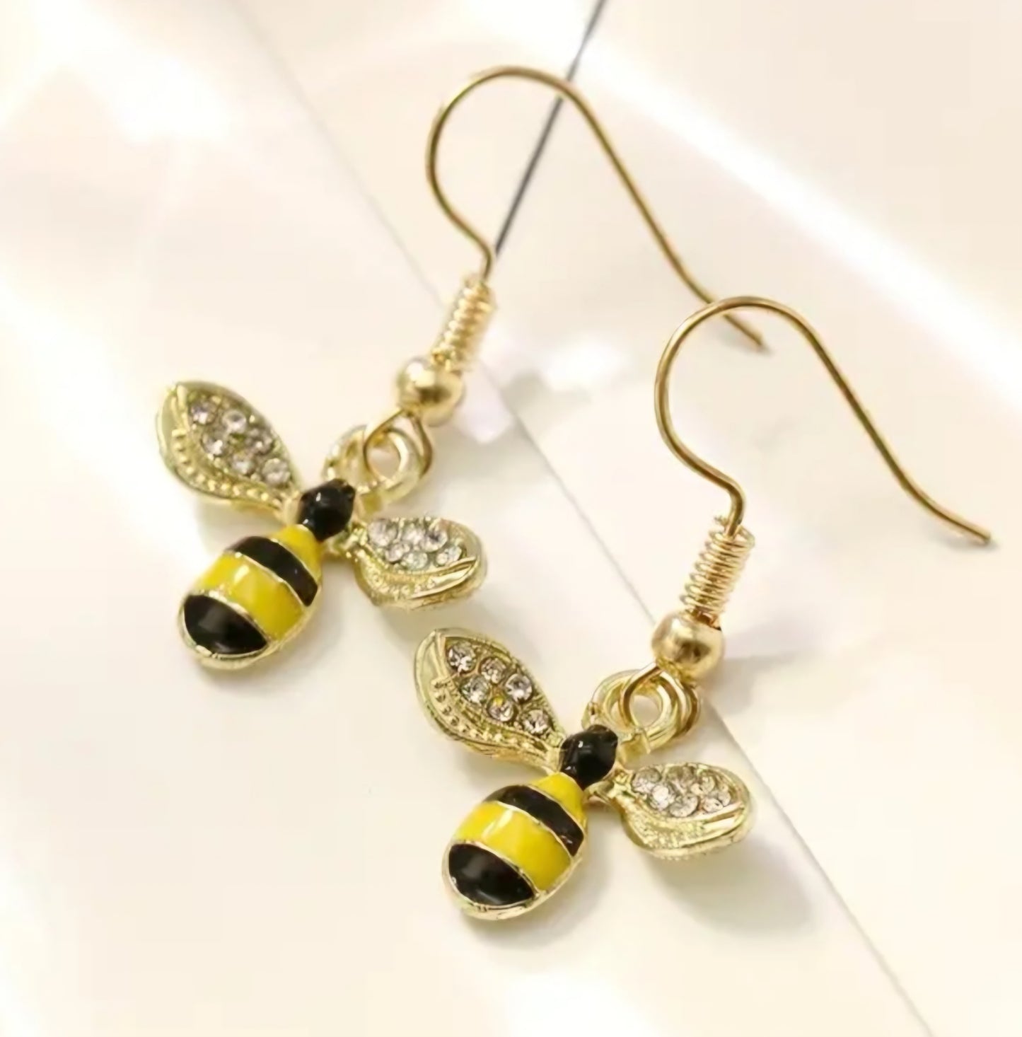 Bright Bee Gold Plated Rhinestone Small Dangle Drop Earrings