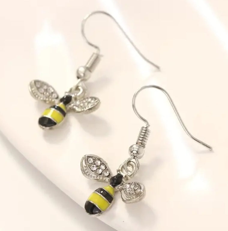 Bright Bee Silver Plated Rhinestone Small Dangle Drop Earrings