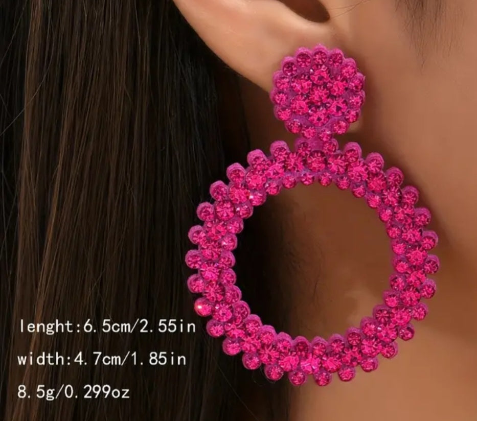 Large Bright Felt Backed Super Lightweight Barbie Hot Pink Crystal Rhinestone Retro Circle Ring Design Drop Earrings
