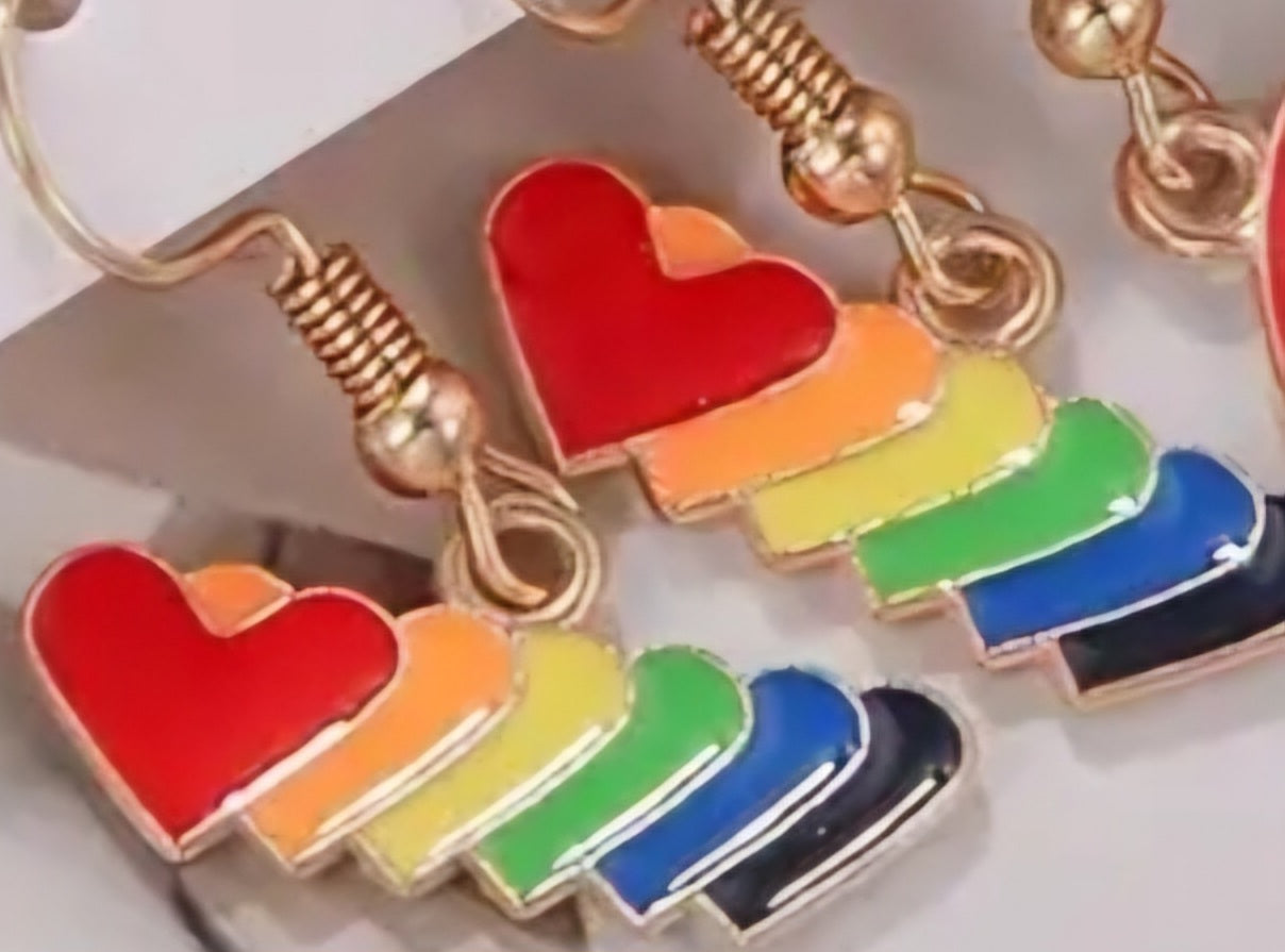 Rainbow Hearts Enamel Painted Gold Plated Dangle Earrings