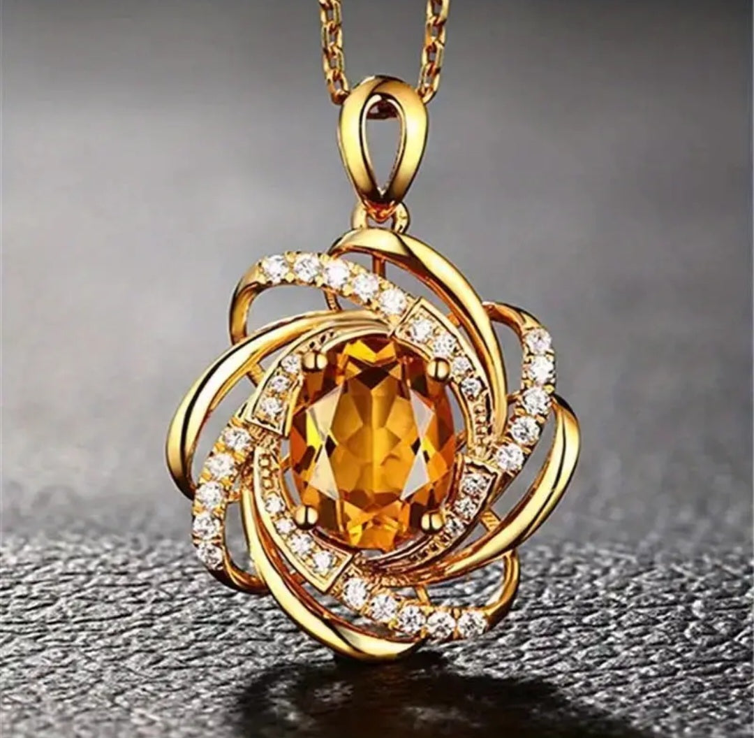 Gold Plated Swirl Twist Rhinestone Set Pendant On Dainty Chain Necklace