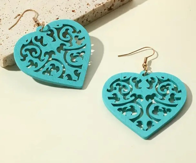 Extra Large Lightweight Unique Light Blue Wood Carved Heart design Dangle Earrings