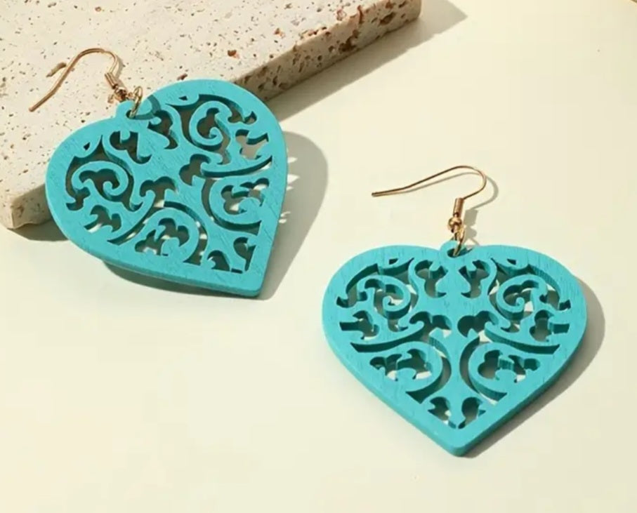 Extra Large Lightweight Unique Light Blue Wood Carved Heart design Dangle Earrings