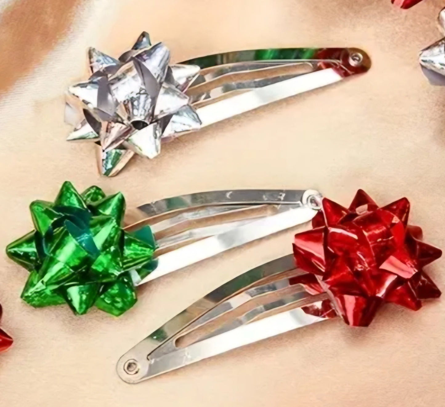 Christmas Festive Silver Plated Red Green Silver Gift Tag Hair Snaps Clips Set of 3
