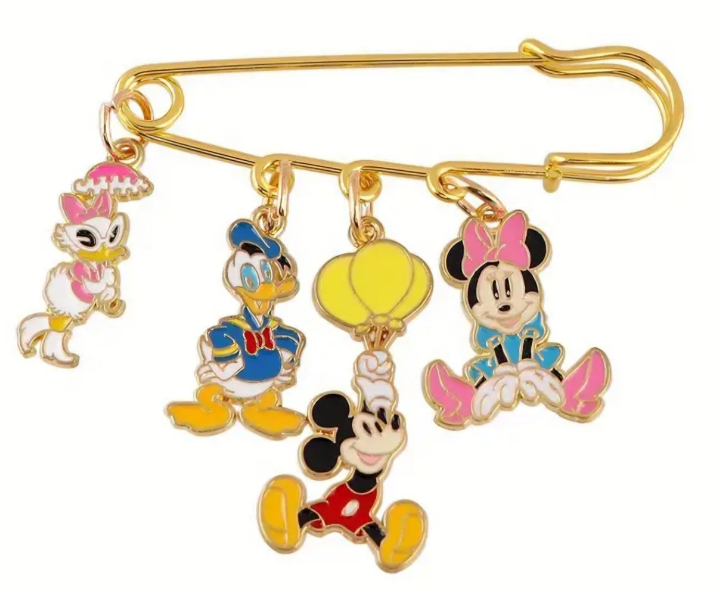 Disney Inspired Minnie Mickey Mouse Daisy Donald Duck Cardigan Sweater Shirt Dress Pants Clothing Gold Plated Giant Safety Pin Design Brooch With Metal Charms