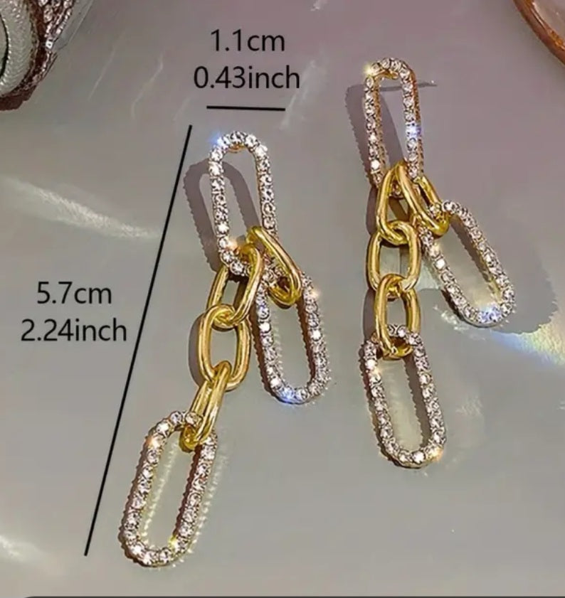 Bling Chain Link Design Gold Plated Rhinestone Inlay Lightweight Drop Dangle Earrings