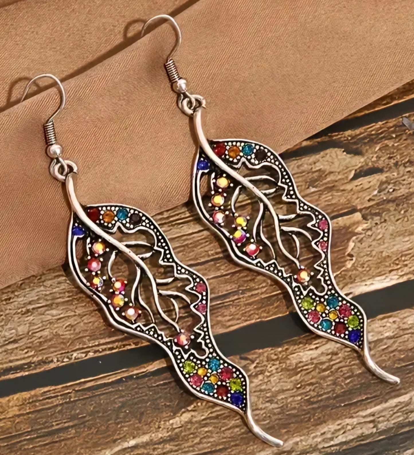 Boho Curly Leaf Leaves Silver Plated Multicoloured Colourful Rhinestones Drop Dangle Earrings