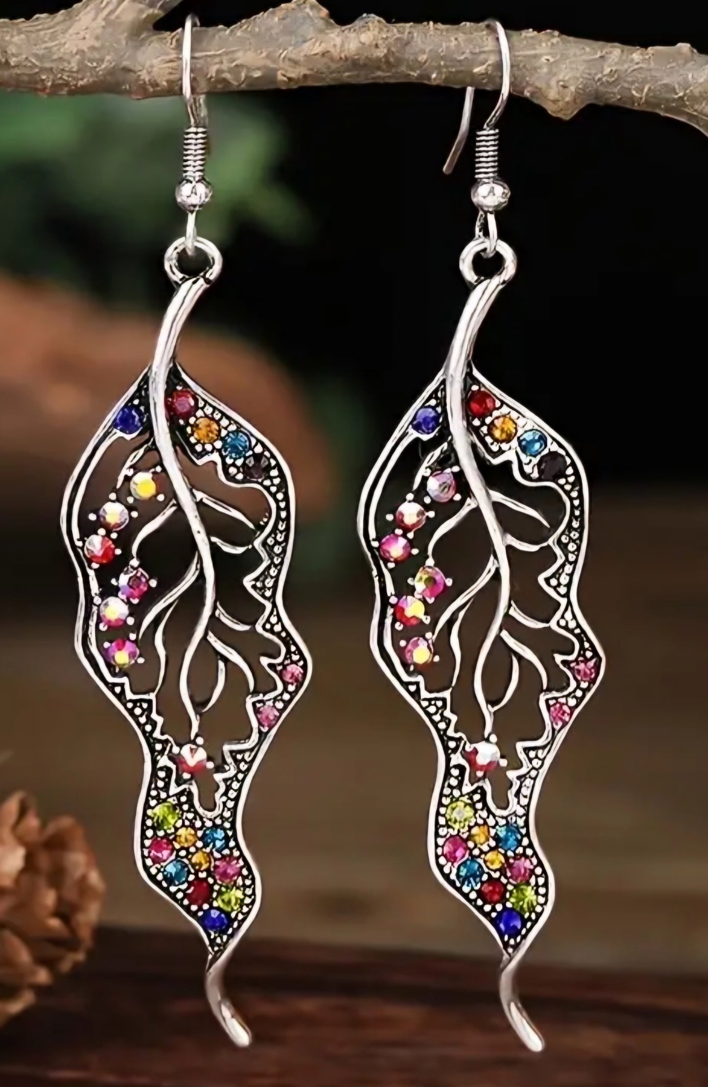 Boho Curly Leaf Leaves Silver Plated Multicoloured Colourful Rhinestones Drop Dangle Earrings