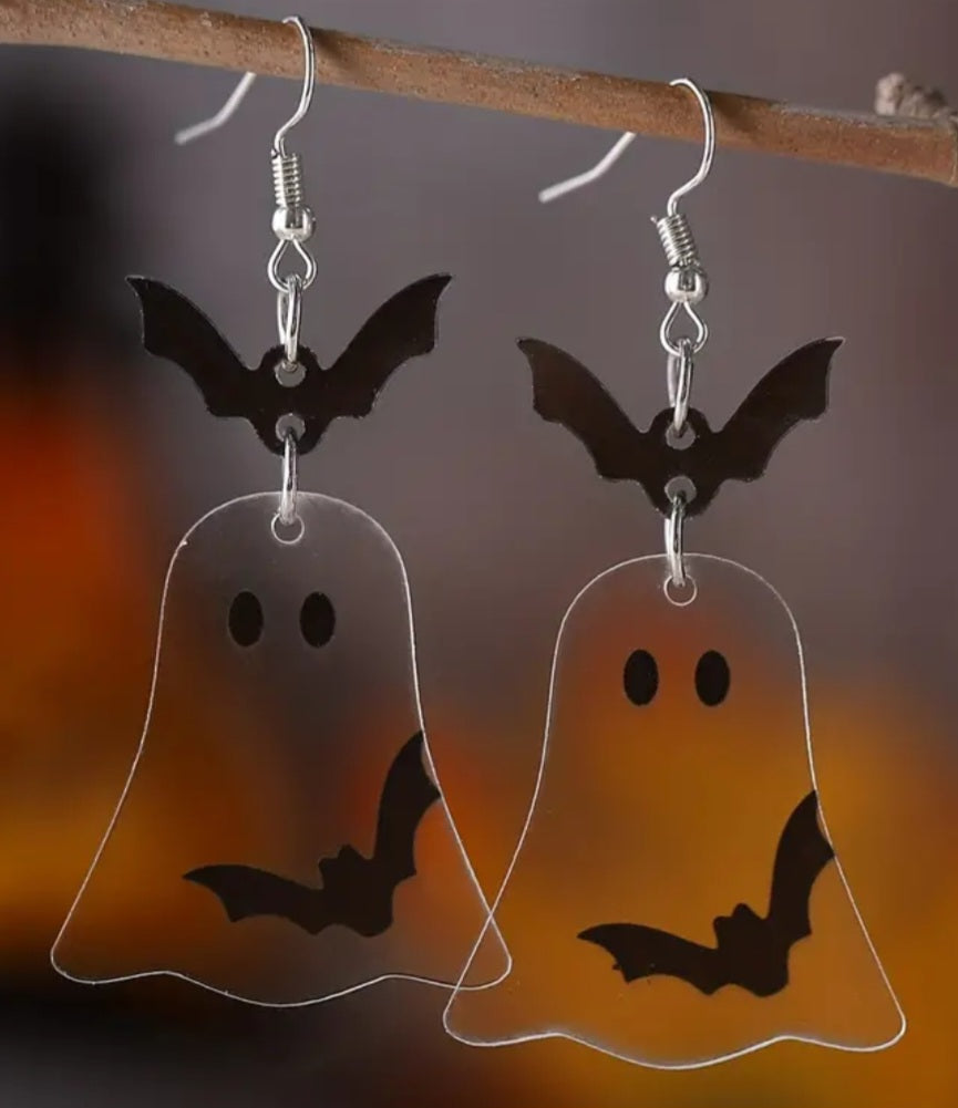 Acrylic Bat Ghost Drops Transparent Dangle Earrings Stainless Steel Hooks Halloween Gothic