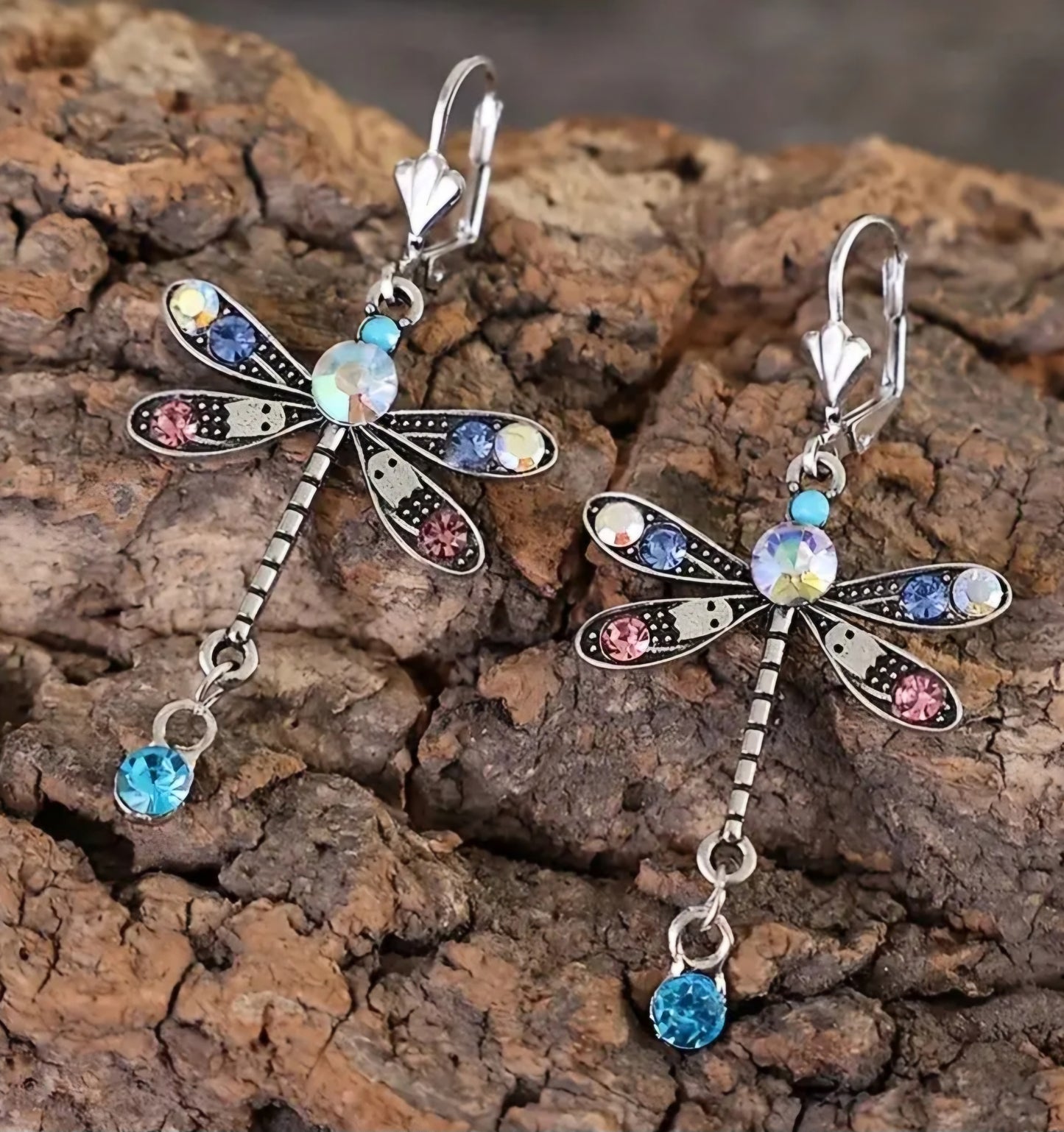 Colourful Ornate Silver Plated Rhinestone Inlay Dragonfly Design Drop Dangle Earrings