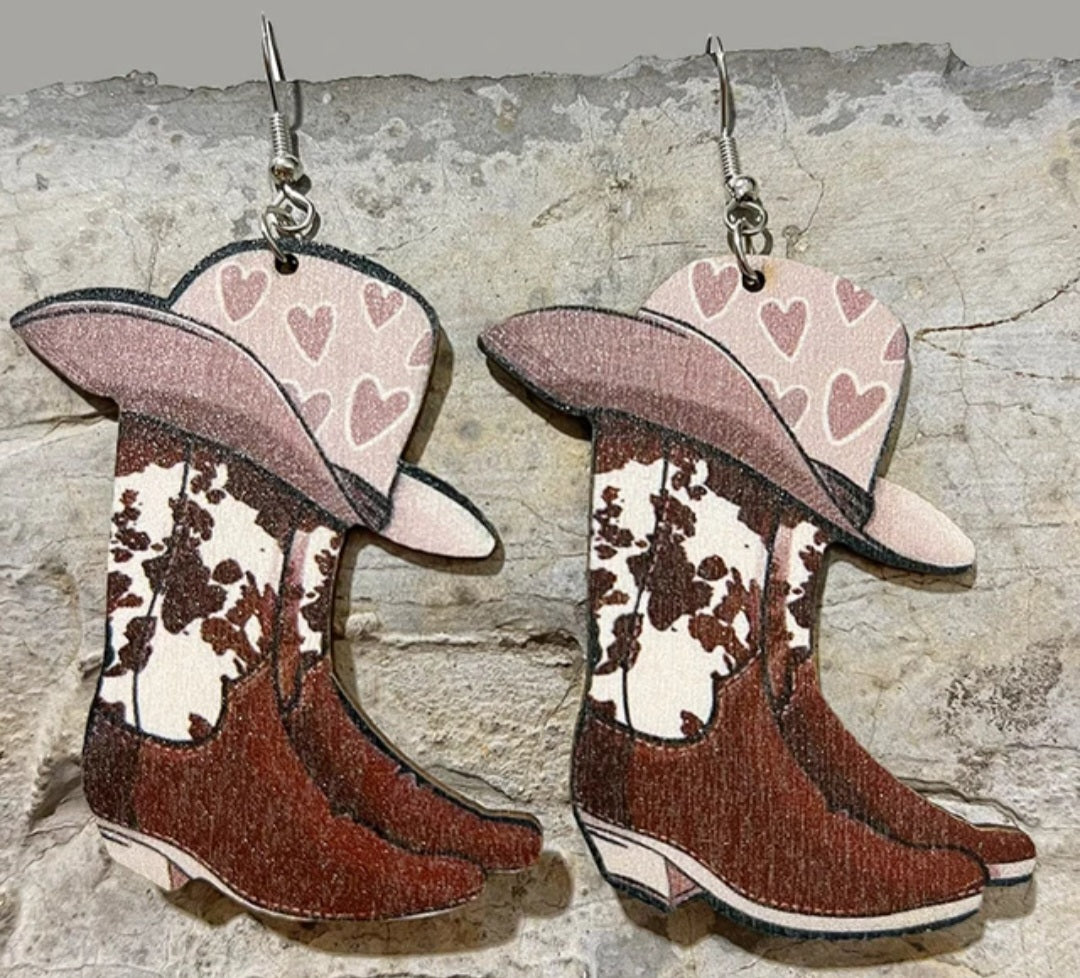 Country Large Wood Western Cowboy Boots Design Lightweight Drop Dangle Earrings