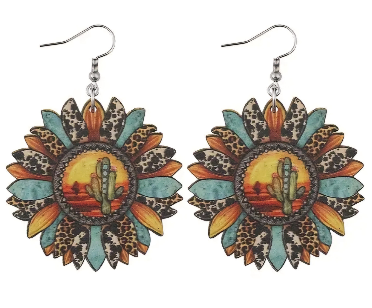 Country Large Wood Western Flower Cactus Sunset Design Lightweight Drop Dangle Earrings